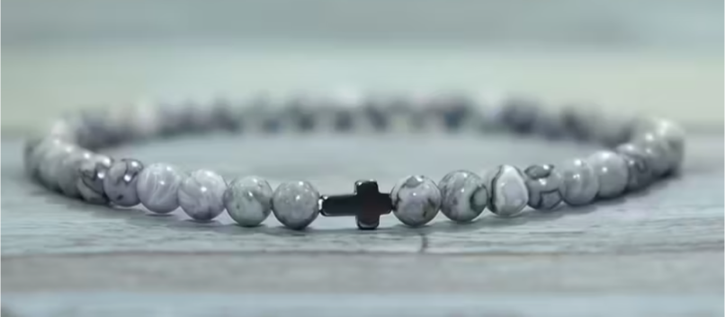 White Howlite with Hematite Cross Natural Stone Bracelet