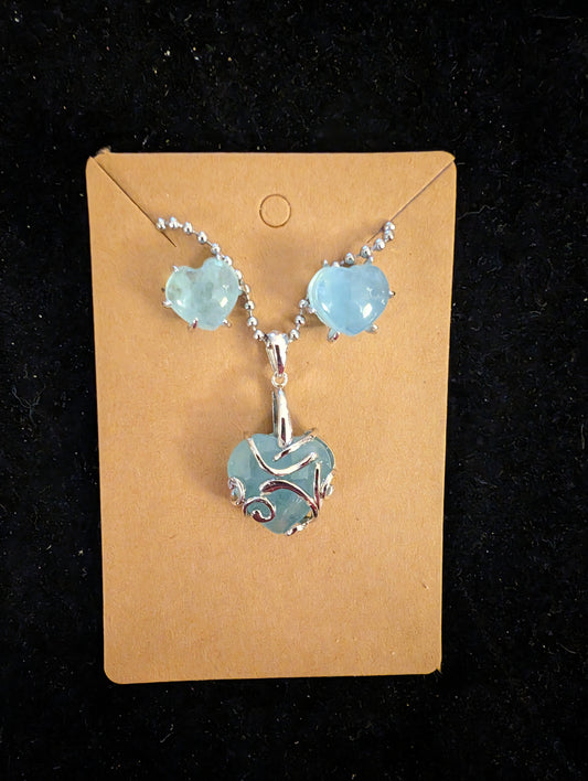 Natural aquamarine heart necklace and earring set.