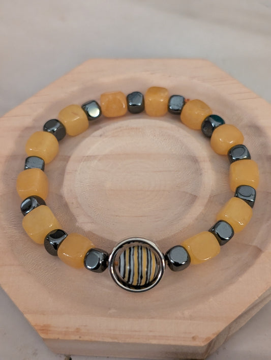 Yellow Calcite, Malachite and Hematite Natural Stone Bracelet