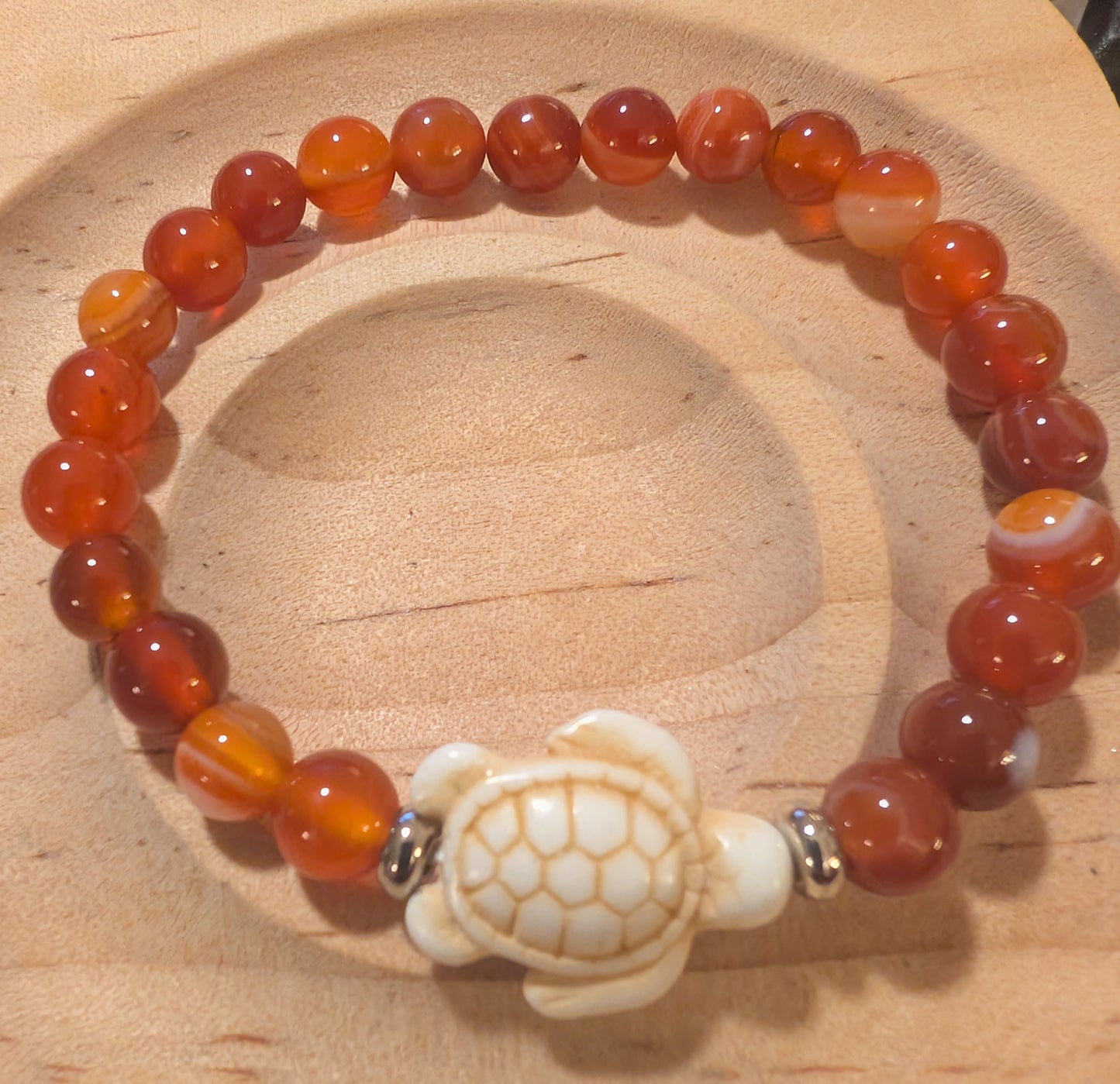 White Turquoise Turtle and Carnelian  Natural Stone Bracelet