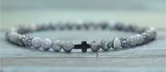 White Howlite with Hematite Cross  Natural Stone Bracelet